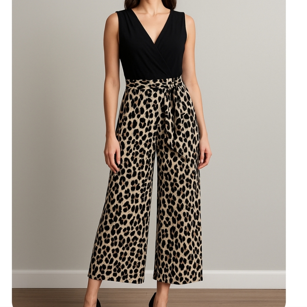 Emma & Michele Plus Size 20 Leopard Print Belted wide leg Sleeveless jumpsuit